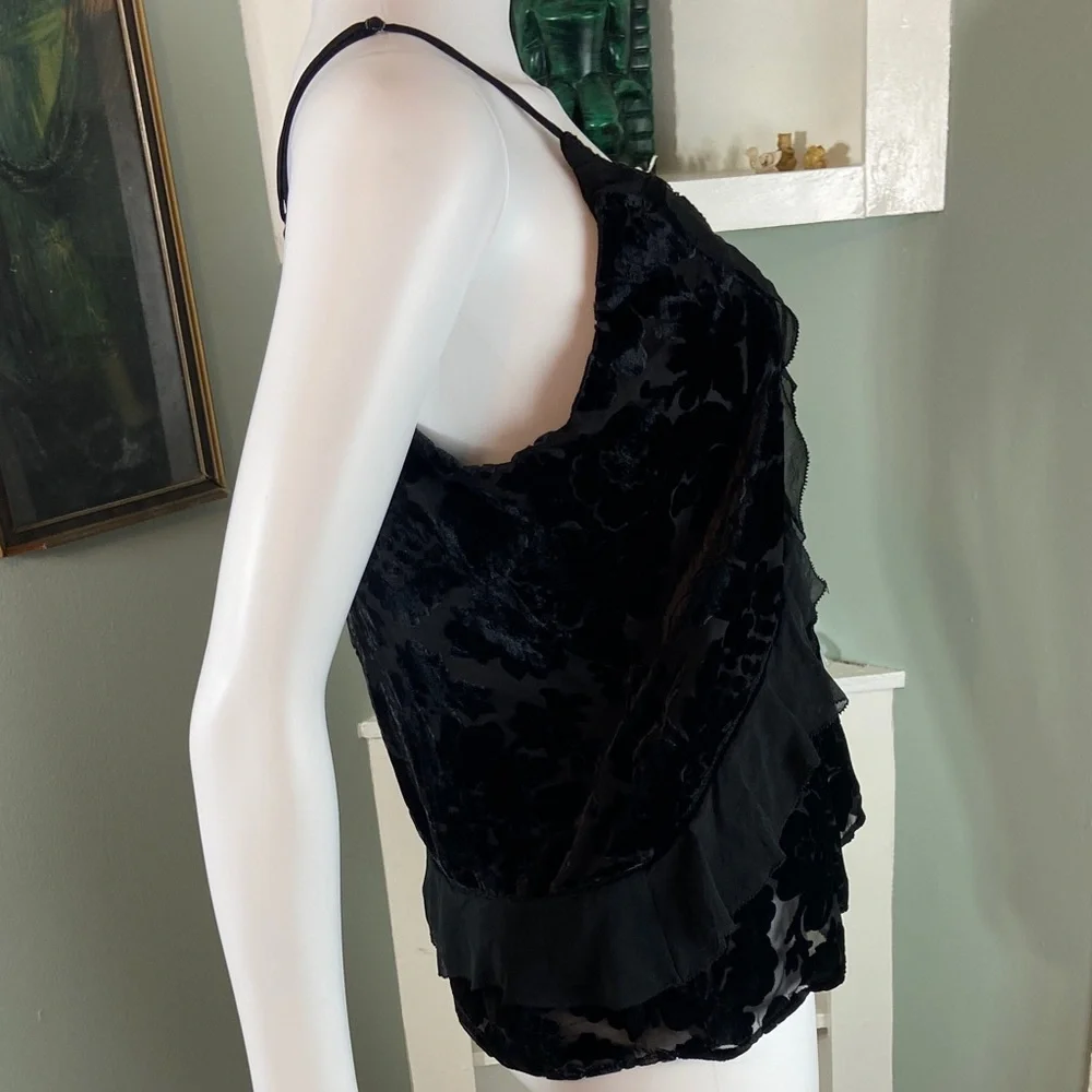 Parker Black Sheer Floral Burnout Velvet Tank Top Ruffle Silk Blend Small Floral - Picture 7 of 13